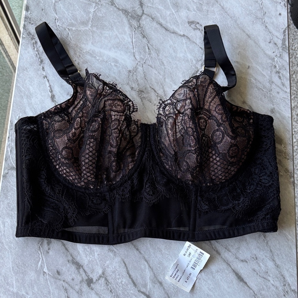 NWT TEAMORE Swan Luxury Lace Sexy Bustier in black/nude size 34F